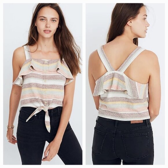 Madewell Texture & Thread Ruffle Tie-Front Tank in Stripe Size XS - Picture 1 of 14